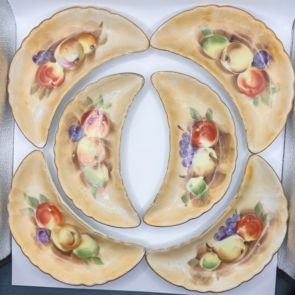 Ardco Crescent Bone Dish Set of 6 Cream Fruit Gold Trim Excellent Vintage C 2362